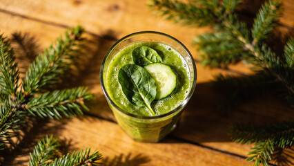 Green smoothie with cucumber and spinach on wooden background  