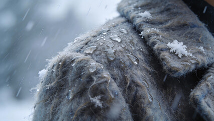Close-up of coat covered in snowflakes during winter snowfall  