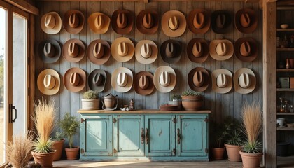 Various hats displayed on a rustic wood wall above a turquoise cabinet. Dried grasses and potted plants add natural elements to this western style decor arrangement.