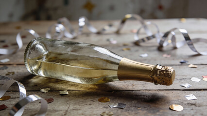 Festive champagne bottle surrounded by confetti and ribbons  