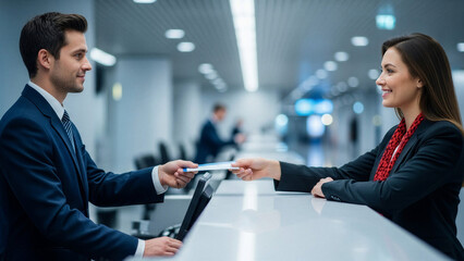 Business man assisting woman at reception desk with customer service  