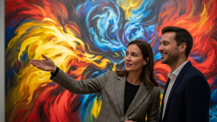 Woman explaining artwork to man in art gallery during exhibition  
