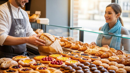 Smiling baker serving bread to happy customer in a bakery shop  
