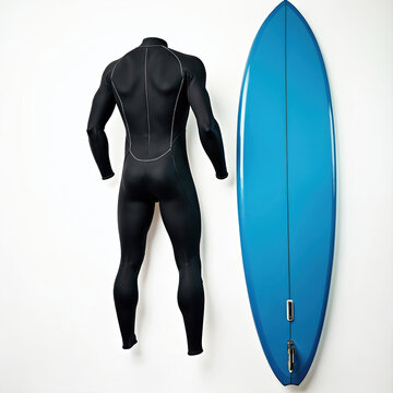 Black wetsuit hangs next to bright blue surfboard on plain white wall. Surf gear ready for ocean waves. Warm neoprene protection for cool water.