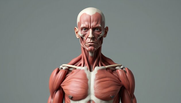 Human anatomy model shows musculature and bone structure. Male body front view, detailed muscle fibers visible. Scientific study of human form.