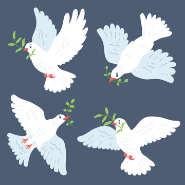 flock of flying doves carrying branches of plants.set of graceful dove illustrations in various styles.vector isolated on white background