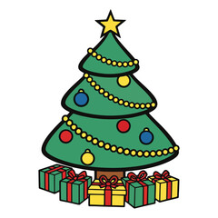 Vibrant Vector Christmas Tree Adorned with Ornaments and Holiday Gifts