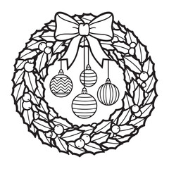 Detailed line art vector illustration of a traditional holiday wreath with hanging decorative baubles and a festive bow