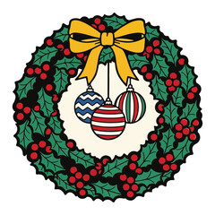 Festive Holly Wreath with Hanging Ornaments and Yellow Bow