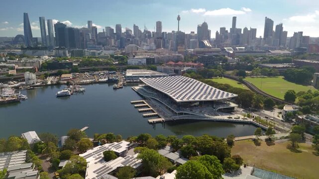 Aerial drone view of Sydney City above Blackwattle Bay Precinct in Glebe, Sydney NSW, Australia in December 2025    