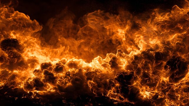 Intense orange flames and dark smoke create a chaotic inferno texture