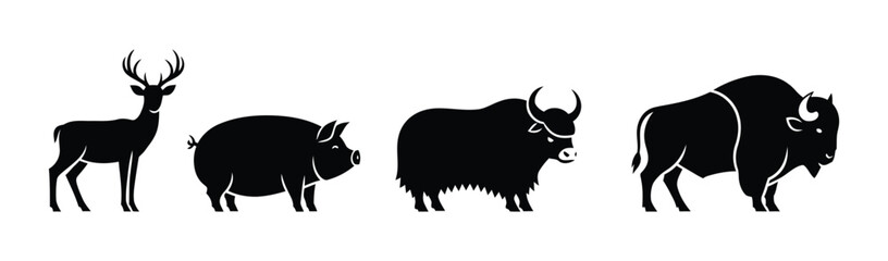 Set of Silhouettes of Farm Animals and Wildlife Including Deer, Pig, and Yak
