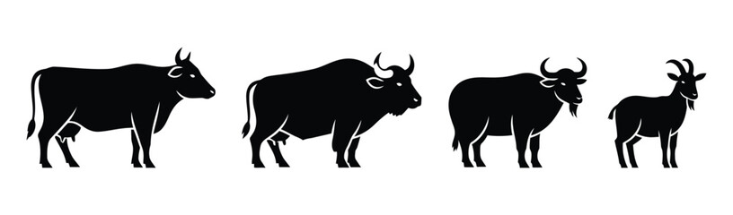 Diverse animal silhouettes featuring livestock and wild bovids such as a cow, yak, and goat