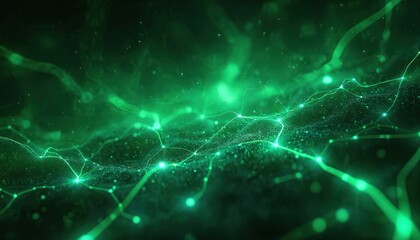 Glowing green network of abstract digital connections. Futuristic energy streams flow through digital space. Data pathways light up in the dark.