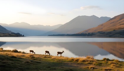 family of deer grazing peacefully beside a calm mountain lake at sunset