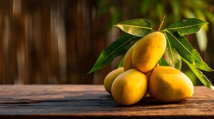 Ripe yellow tropical fruits with green leaves rest on a rustic wooden surface outdoors