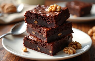 Stacked chocolate brownies with walnuts on plate. Close up view shows rich texture, crumbly bite. One brownie tops stack, garnished with whole walnut piece.