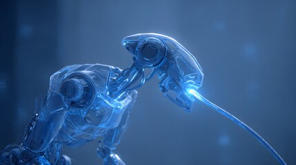 Translucent robotic entity connects to glowing digital interface cable