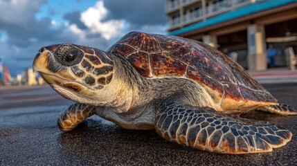 Obraz premium Sea turtle on wet pavement near buildings during daytime in a coastal area