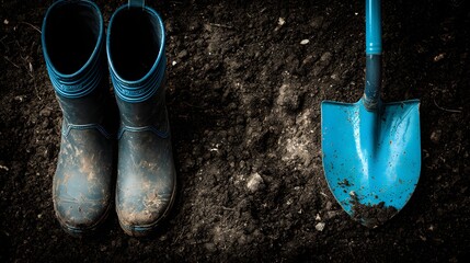 Pair of muddy rubber boots rests beside a bright blue digging tool on dark, rich soil.
