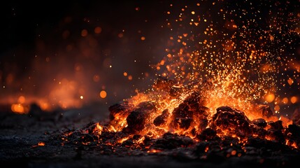 Intense heat radiates from glowing embers scattering bright sparks against a dark background