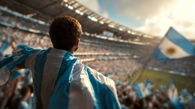Argentina football supporter on stadium. Argentinian fans on soccer pitch watch team play. Young football player with flag and national jersey cheering for win. Championship game. Vamos Argentina