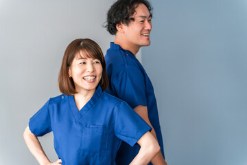 Obraz premium Medical workers in scrubs, medical staff, male and female doctors