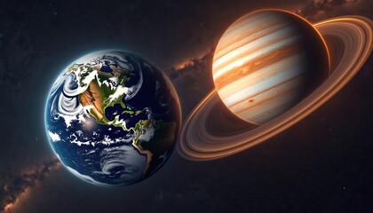 Earth and Jupiter planets align in vast deep space. Giant gas planet with glowing rings looms near blue Earth. Cosmic view of solar system bodies.