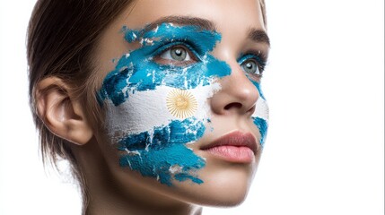  Portrait of a woman with the argentinian flag painted on her face isolated over white