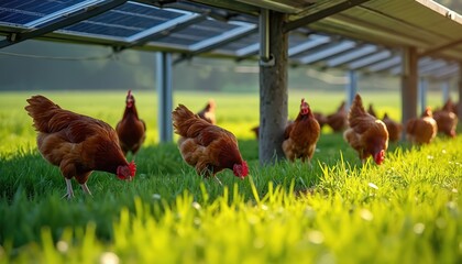 Fototapeta premium Brown chickens forage in green grass under solar panels. Sustainable farming blends poultry and renewable energy for eco-friendly food production. Future agriculture concept.