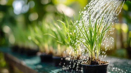 Water streams cascade onto young green seedlings growing in individual dark containers outdoors