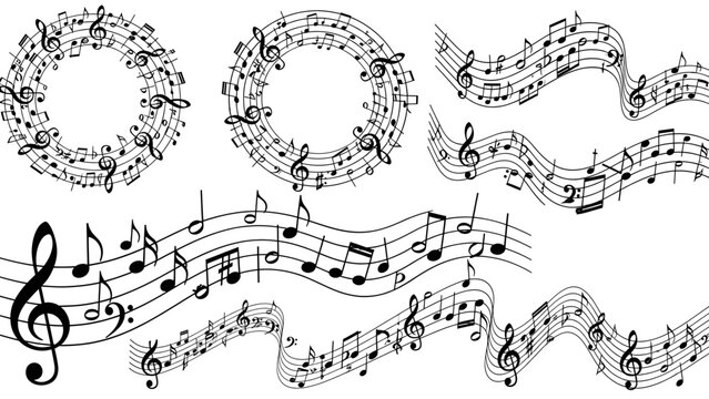 Creative musical notes arrangements on white background