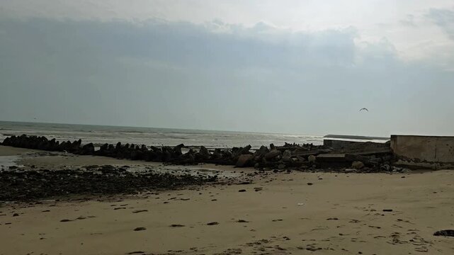 Seagulls Fly Over Rocky Beach Shoreline on a Cloudy Day Anjafah beach kuwait