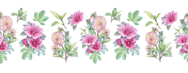 Watercolor pink seamless border with bouquet flower Dahlia and Malva on white background. Hand-drawn summer floral plant for decor. Art rim for wedding celebration card. Wallpaper or wrapping