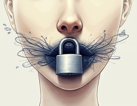 Person with mouth locked shut by padlock. Illustration symbolises silenced voice. Abstract shapes like smoke whispers emanate from lips. Concept of censorship, repressed expression. Freedom of speech