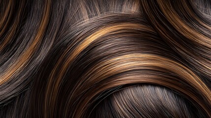 Brunette hair styled in distinct, voluminous waves with bold golden and caramel balayage highlights, providing high contrast and a luxurious, dimensional look.