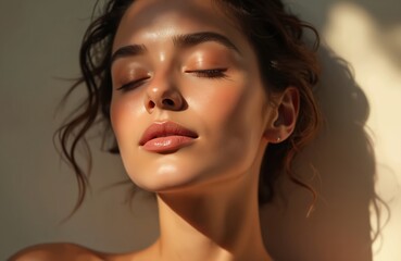 Woman with closed eyes, gentle makeup, lit by soft sunlight casting shadows. Her calm face radiates serene beauty and elegance, perfect for cosmetic ads.