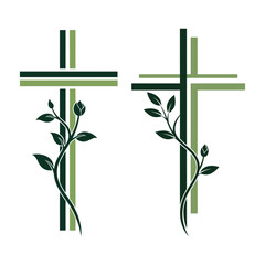 Two green crosses with leafy vines on isolated white background