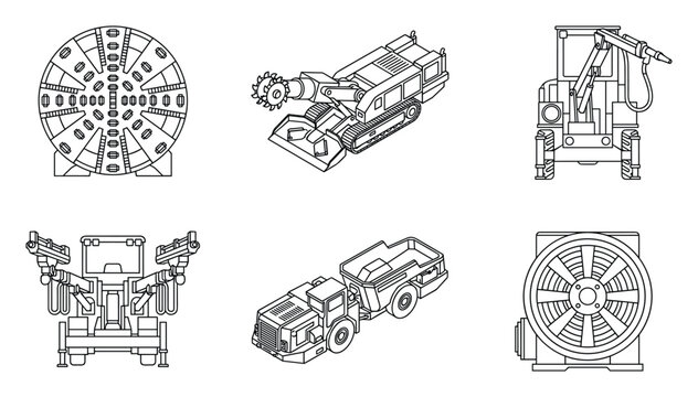Technical Line Art: Collection of Detailed Tunneling and Mining Machinery