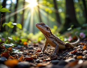 Lizard in a sun-drenched forest: Cinematic Macro Portrait of a Calm Reptile in Nature
