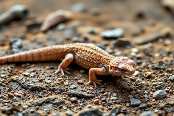 Leopard Gecko on rocky ground - Wildlife Photography, detailed scales and natural light with copy space. Captivating reptile portrait.