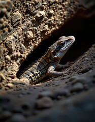 Lizard emerging from rocky crevice, wildlife portrait in natural light, focus on reptilian details, perfect for nature and reptile enthusiasts.