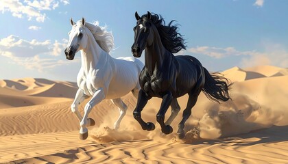 Ilustracja przedstawiająca konie w ruchu na wolności. Wolne konie symbolizujące wolność i niezależność. Biały koń i czarny koń.