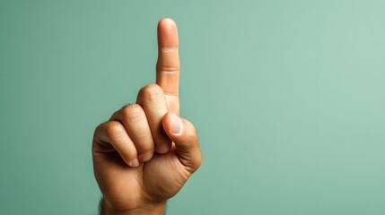 Human hand gesture points directly upward against a solid background