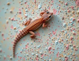 Striking Gecko on Pastel Wall: A Detailed Wildlife Portrait with Soft Lighting and Ample Copy Space for Creative Projects.