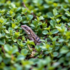 Striped Lizard Hiding Among Lush Green Bushes: Wildlife Photography Close-Up