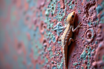 Close-up Gecko on Pastel Textured Wall - Macro Cinematic Style with Space for Text, Detailed HDR Image for Animal Lovers and Design