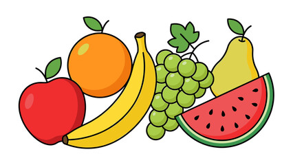 Vibrant Cartoon Fruit Assortment Illustration with Apple, Orange, Banana, Grapes, Pear, and Watermelon Slice