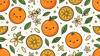 Vibrant Kawaii Orange Pattern: Seamless Design with Happy Fruits, Blossoms, and Leaves