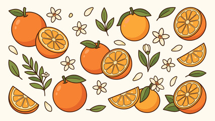 Fresh Citrus Oranges, Slices, Leaves, and Flowers Hand-Drawn Vector Collection. Vibrant Fruit Illustration Set for Healthy Food Design.